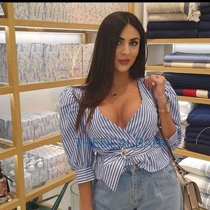 Zara NWT Striped Blouse Puff Sleeve Blue White L